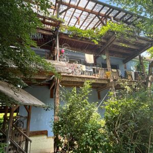 Multi-story apartment building with external wooden stairs and patios. Leafy plants grow outside the building and on each patio.
