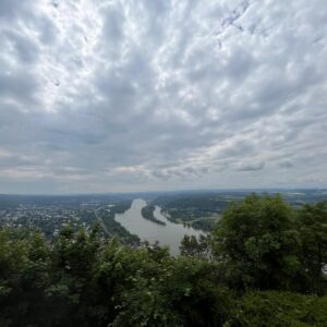 Wide shot of a city skyline surrounded by thick forests and a river in the center.